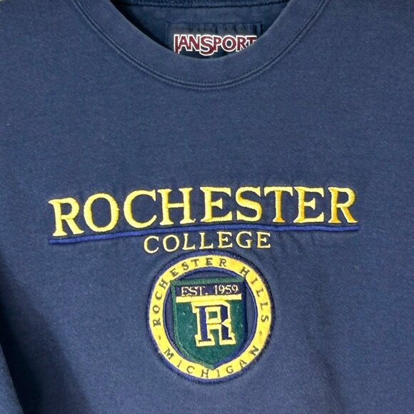 Vintage Jansport Rochester College Embroidered Navy Sweatshirt - Size Large - Picture 5 of 7